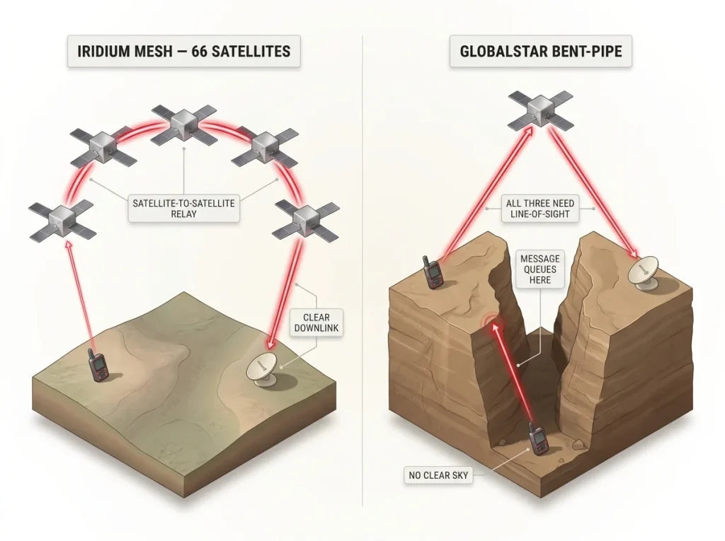 Diagram comparing Iridium mesh relay vs Globalstar bent-pipe with a canyon cross-section showing where a satellite message queues