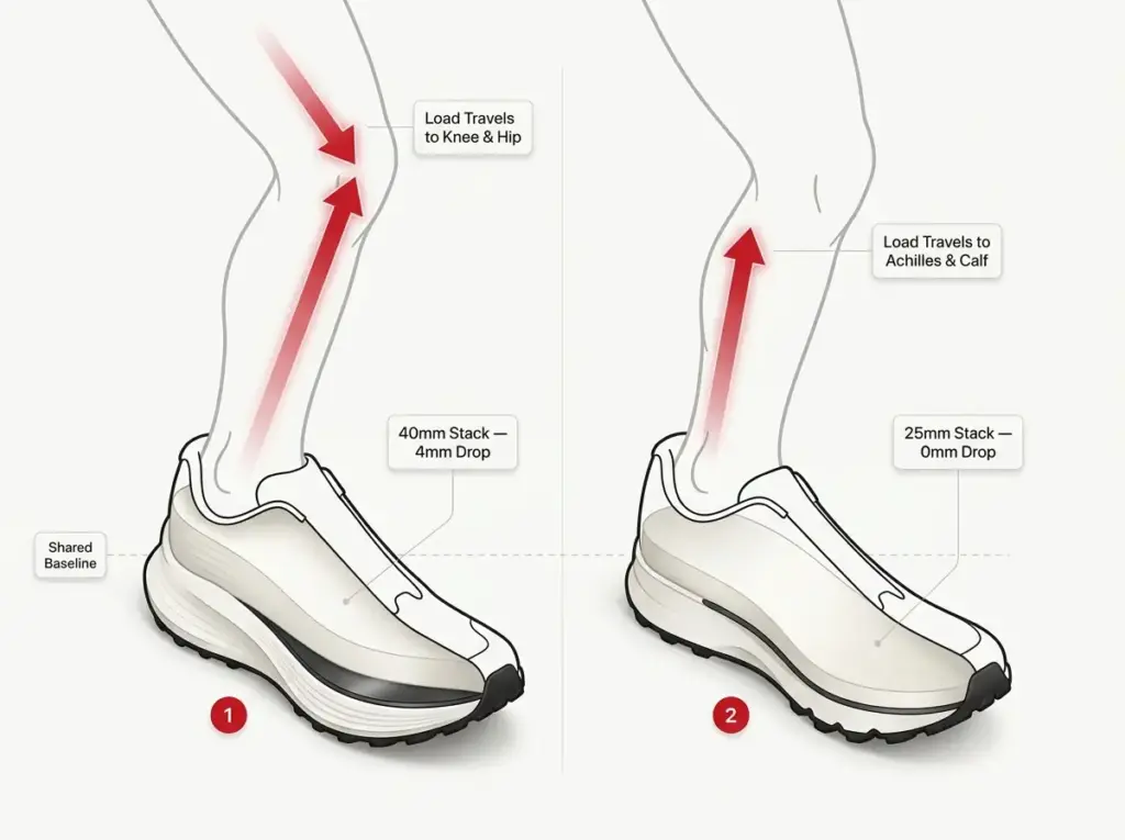 Infographic comparing 40mm vs 25mm midsole stack showing knee/hip versus Achilles/calf load path arrows