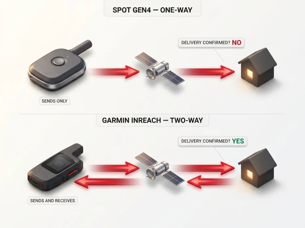 Process diagram showing SPOT one-way message vs Garmin two-way loop, each tagged with a delivery-confirmed Yes or No indicator