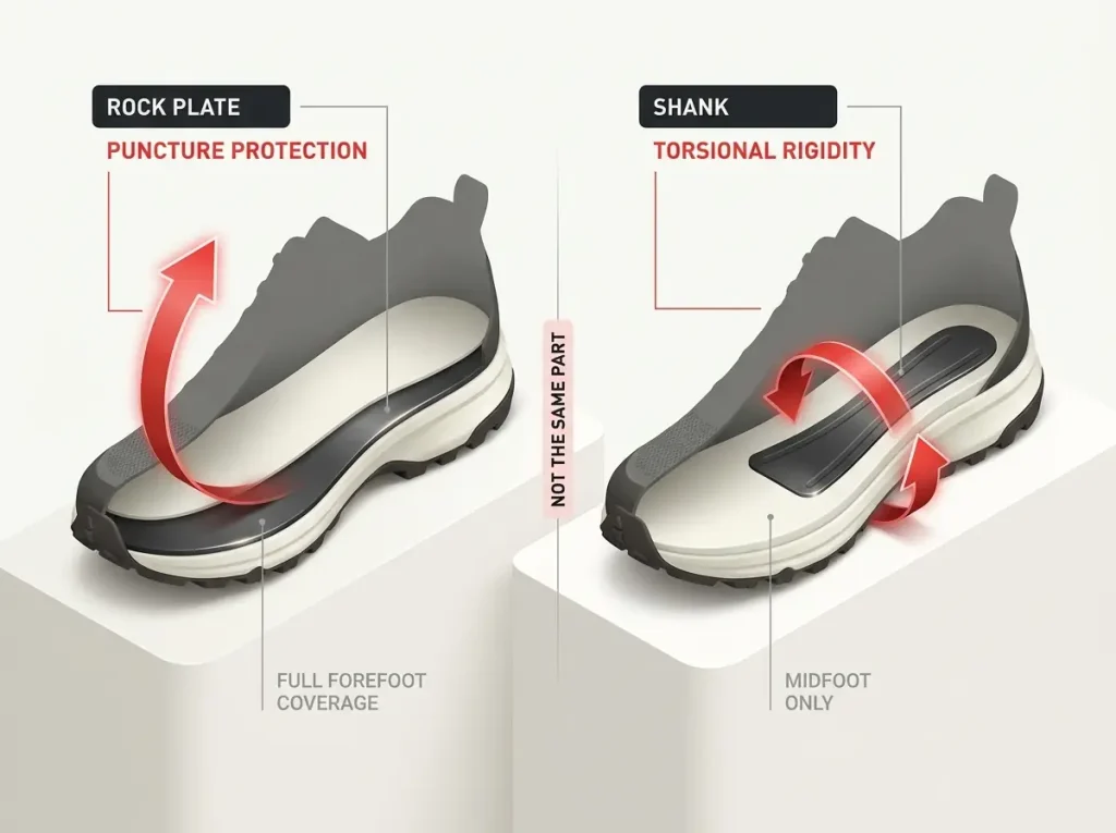 Annotated diagram comparing a hiking shoe rock plate and shank cross-section with labeled flex and twist resistance arrows