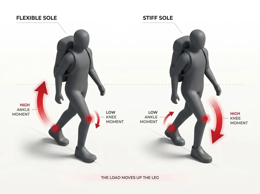 Biomechanics diagram showing how sole stiffness shifts load from ankle to knee during a hiking descent with sized load arrows