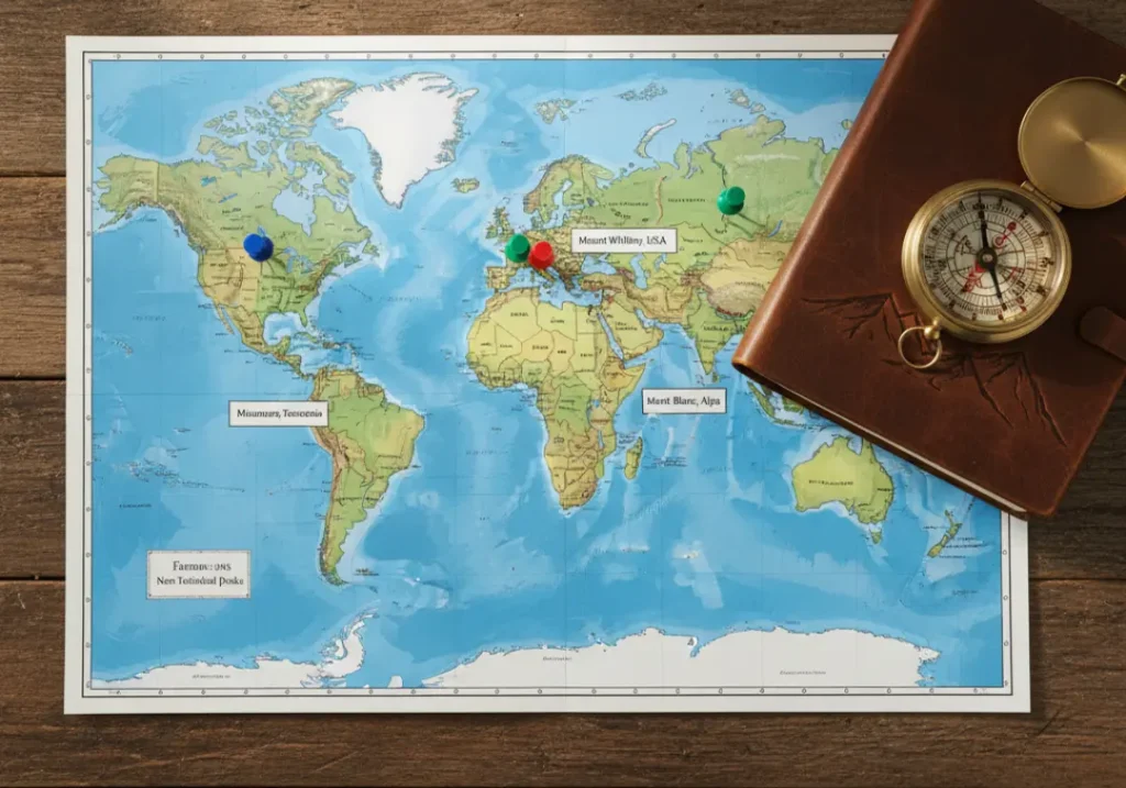 A world map with pins on major mountains, next to a journal and compass, symbolizing a guide to global trekking destinations.