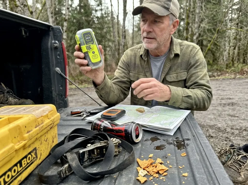 Hiker weighing an ACR ResQLink 400 PLB against a satellite messenger while trip planning