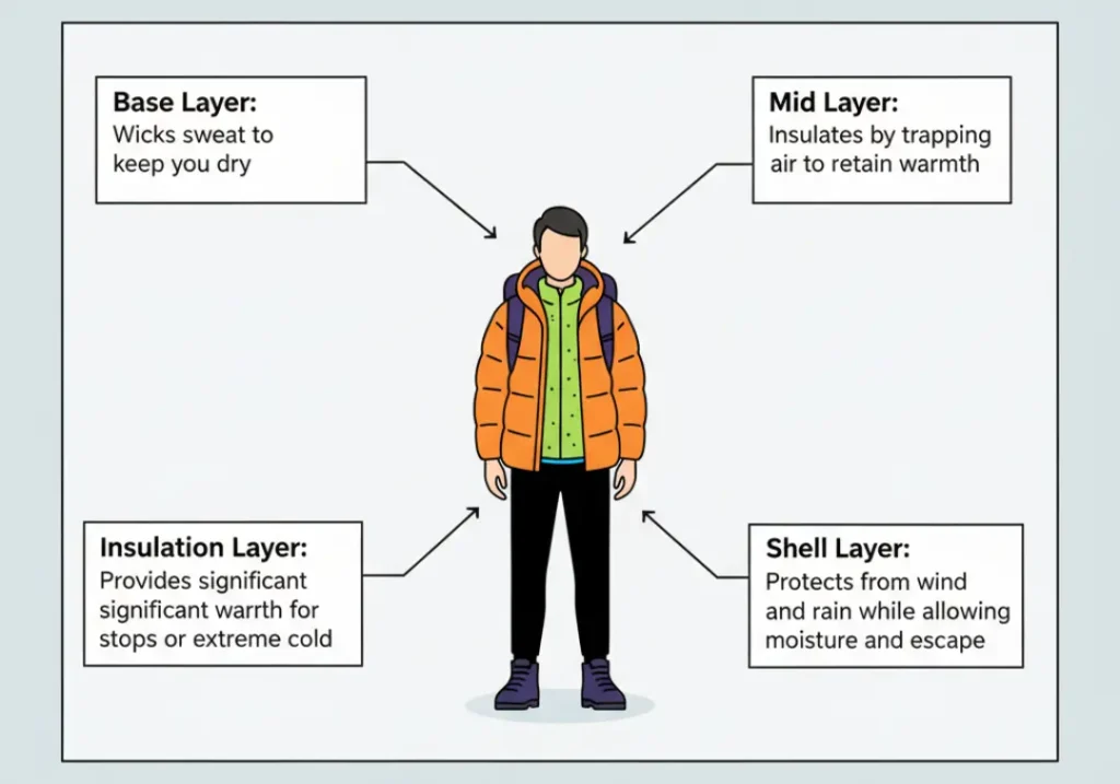 An infographic illustrating the alpine layering system for mountaineering. It shows a hiker with four layers of clothing called out: the base layer for wicking sweat, the mid layer for insulation, the insulation layer for warmth, and the shell layer for wind and rain protection.