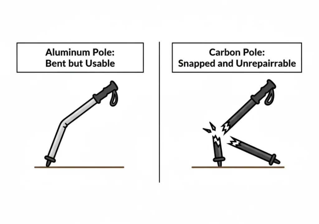 An infographic comparing how aluminum and carbon fiber trekking poles fail. The left panel shows a bent but usable aluminum pole. The right panel shows a carbon fiber pole that has snapped in two and is unrepairable.