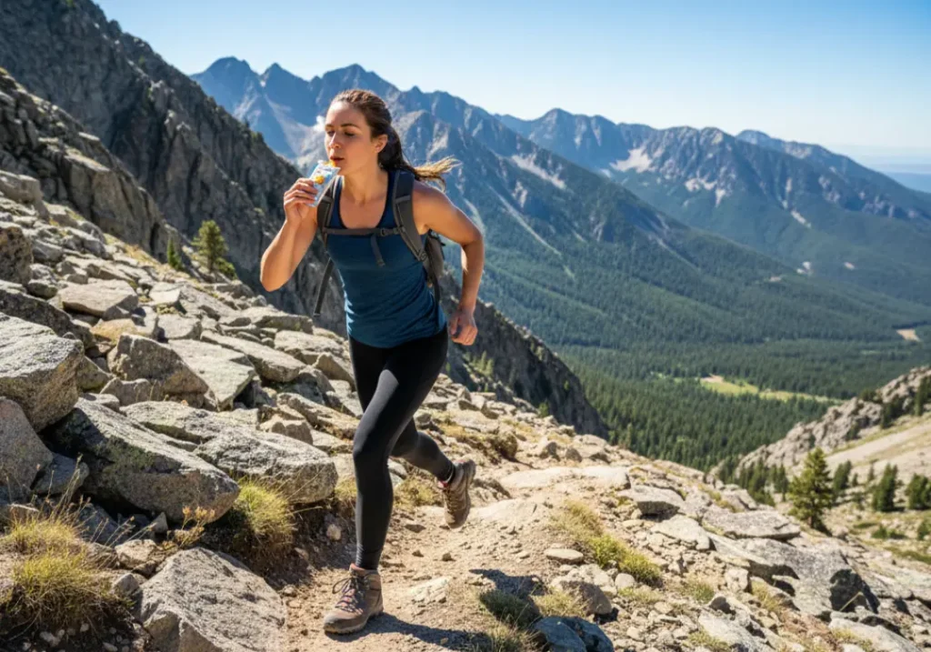 A fit female hiker eats an energy gel while actively hiking uphill on a mountain trail to avoid common nutrition mistakes like bonking.