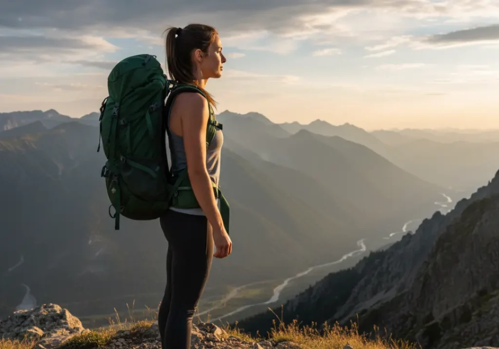 Side profile of a fit female hiker with a framed backpack, demonstrating correct load transfer to the hips while on a mountain overlook.