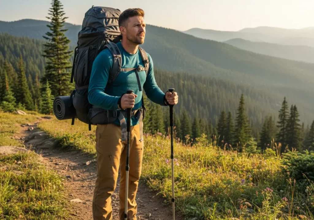 A full-body shot of a male backpacker in his late 20s with a large, heavy pack, ready for a multi-day hike.