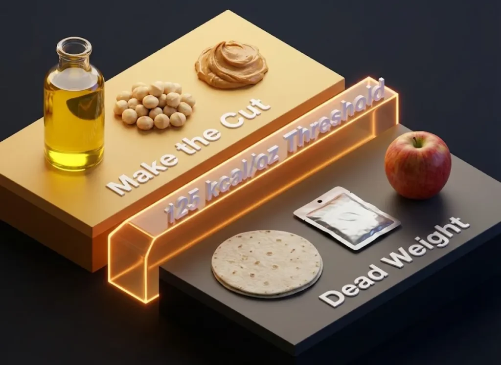 A premium 3D isometric infographic showing a split comparison of foods. Top tier features olive oil and nuts labeled "Make the Cut," while the bottom tier shows tortillas and tuna packets labeled "Dead Weight," separated by a glowing "125 kcal/oz Threshold" line.