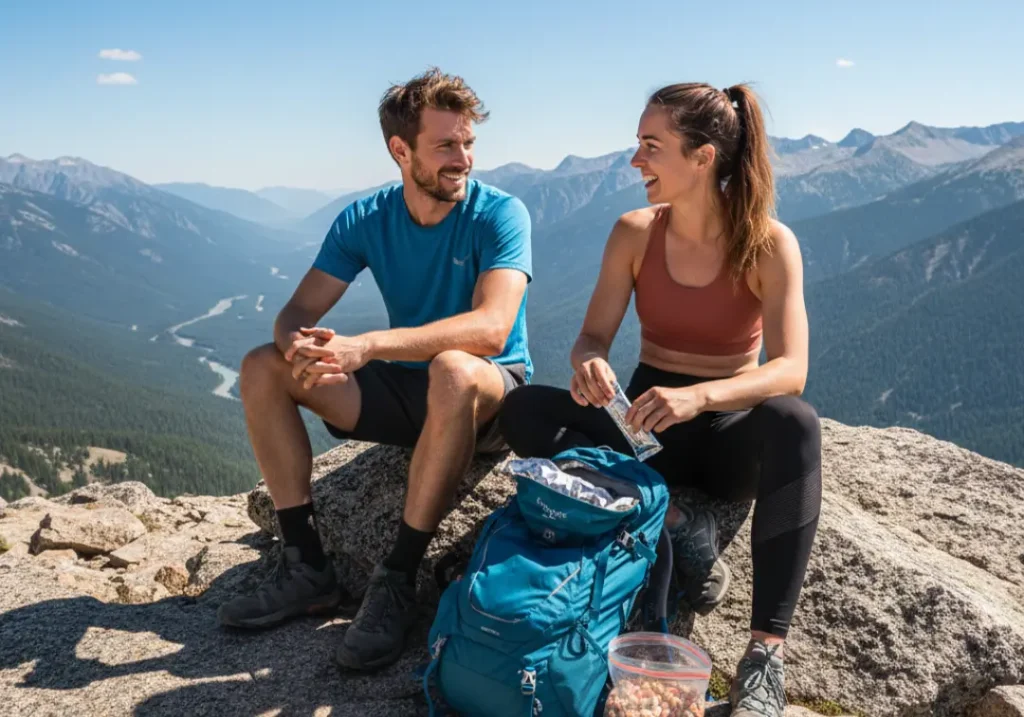 A fit couple in their late 20s taking a break on a mountain summit, organizing trail snacks from their backpacks to refuel during their hike.