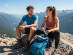 The Trail Nutrition Matrix: A Hiker’s Definitive Guide A fit couple in their late 20s taking a break on a mountain summit, organizing trail snacks from their backpacks to refuel during their hike.