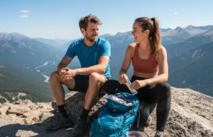 The Trail Nutrition Matrix: A Hiker’s Definitive Guide A fit couple in their late 20s taking a break on a mountain summit, organizing trail snacks from their backpacks to refuel during their hike.
