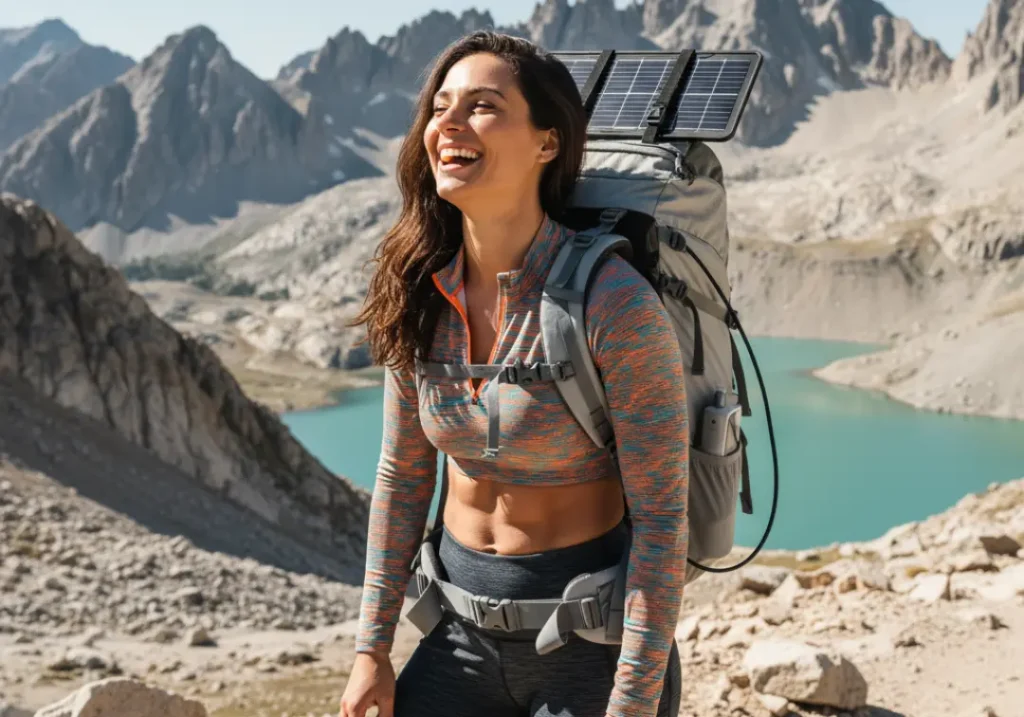 A beautiful female hiker with a solar panel on her backpack laughs on a sunny mountain trail.