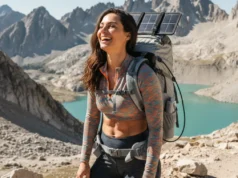 Backpacking Solar Panel Review: Beyond Wattage & Weight A beautiful female hiker with a solar panel on her backpack laughs on a sunny mountain trail.
