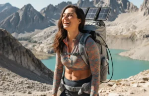 Backpacking Solar Panel Review: Beyond Wattage & Weight A beautiful female hiker with a solar panel on her backpack laughs on a sunny mountain trail.