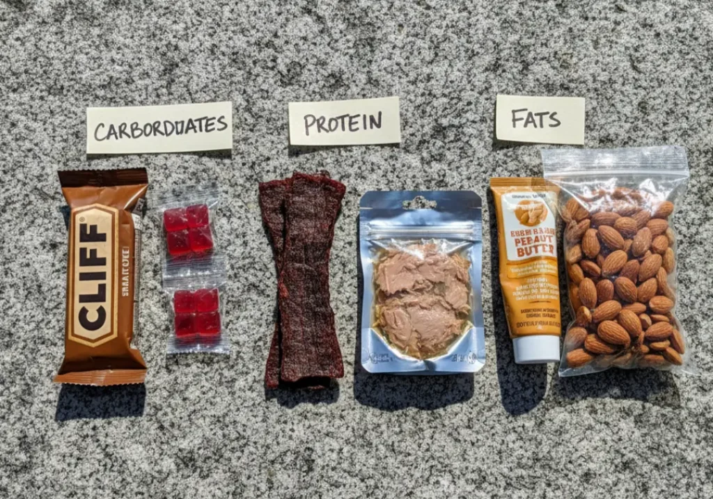 A flat lay of hiking food on a rock, divided into three groups to represent balanced macronutrients: carbohydrates, protein, and fats.