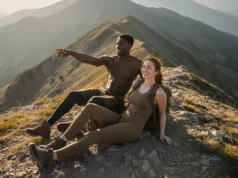 Beyond the Compass: A Hiker’s Natural Navigation Guide A handsome, athletic couple in hiking gear confidently navigating a mountain ridge using natural signs from the sun and landscape.