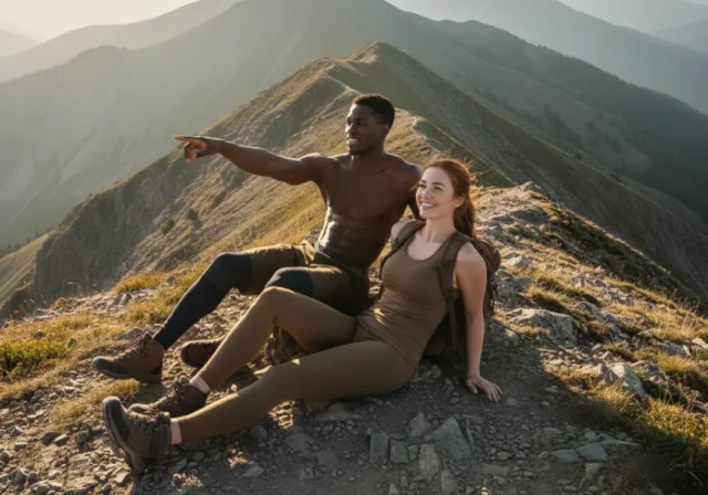 beyond-the-compass-a-hikers-natural-navigation-guide A handsome, athletic couple in hiking gear confidently navigating a mountain ridge using natural signs from the sun and landscape.