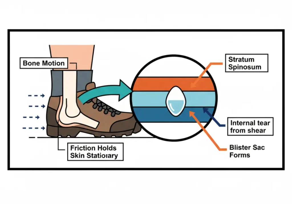 A diagram illustrating how blisters form from shear deformation. It shows a cross-section of a heel where the bone moves forward while friction holds the skin, causing an internal tear in the stratum spinosum layer which then fills with fluid.