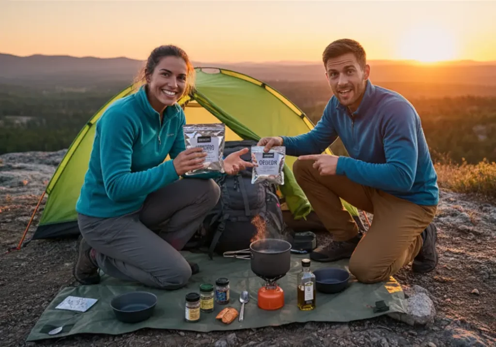 A young couple at their campsite building a modular trail meal with instant potatoes, a chicken pouch, and olive oil at sunset.