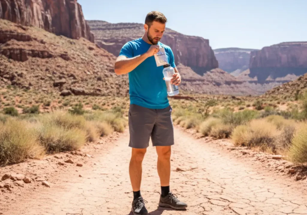 A male hiker in his late 20s stops on a hot desert trail to add electrolyte powder to his water bottle as part of his hydration strategy.