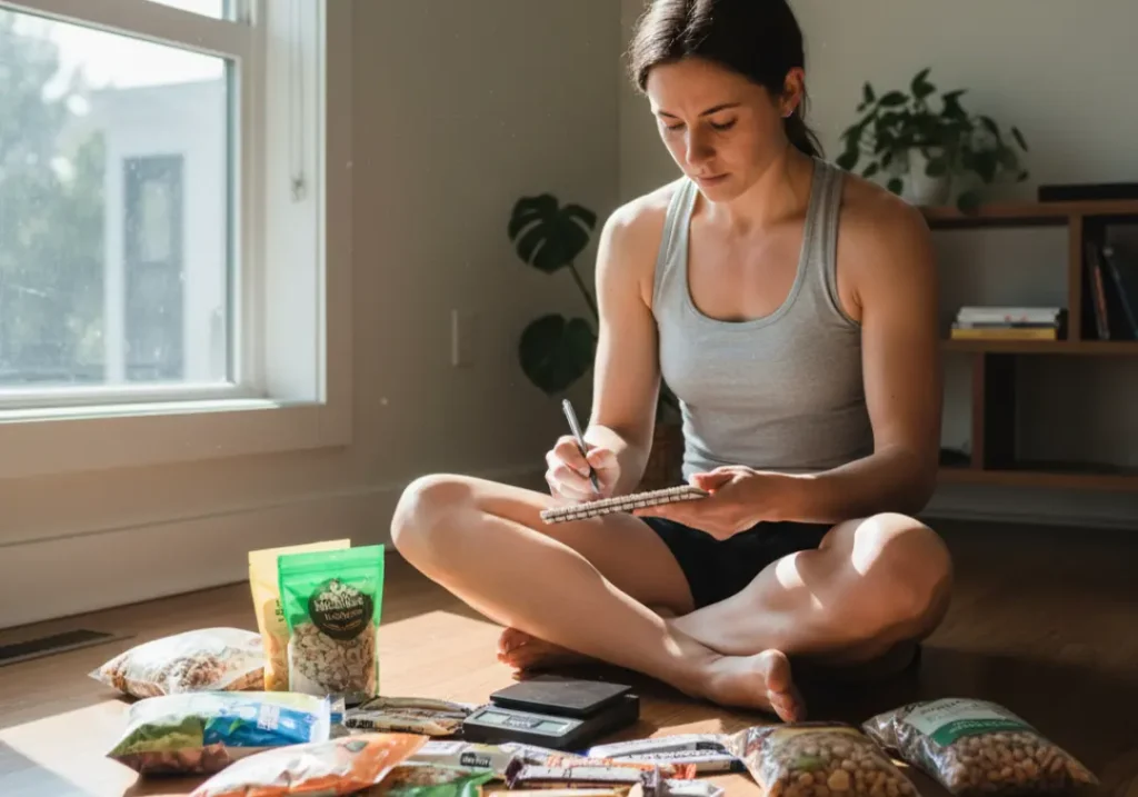 A woman in her late 20s sits on a floor, carefully weighing and organizing backpacking food with a scale and notepad to calculate her caloric needs for a hike.