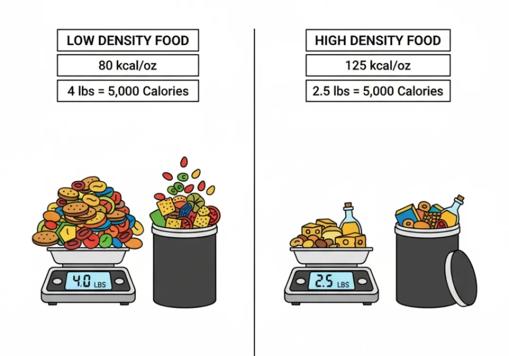 An infographic comparing low versus high caloric density food for backpackers. The left panel shows a large, 4 lb pile of food that overflows a bear canister. The right panel shows a much smaller, 2.5 lb pile of food that fits easily, with both piles representing 5,000 calories.