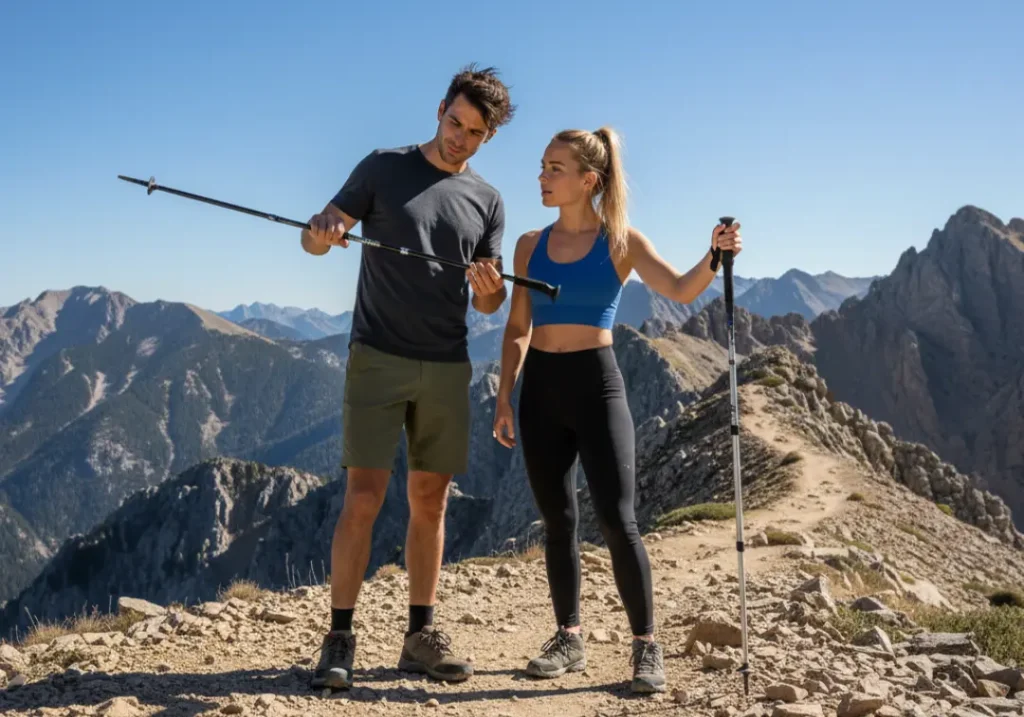 A fit couple in their late 20s in modern hiking gear comparing carbon fiber and aluminum trekking poles on a scenic mountain trail.
