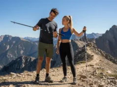 Carbon vs. Aluminum Poles: A Hiker’s Decision Framework A fit couple in their late 20s in modern hiking gear comparing carbon fiber and aluminum trekking poles on a scenic mountain trail.