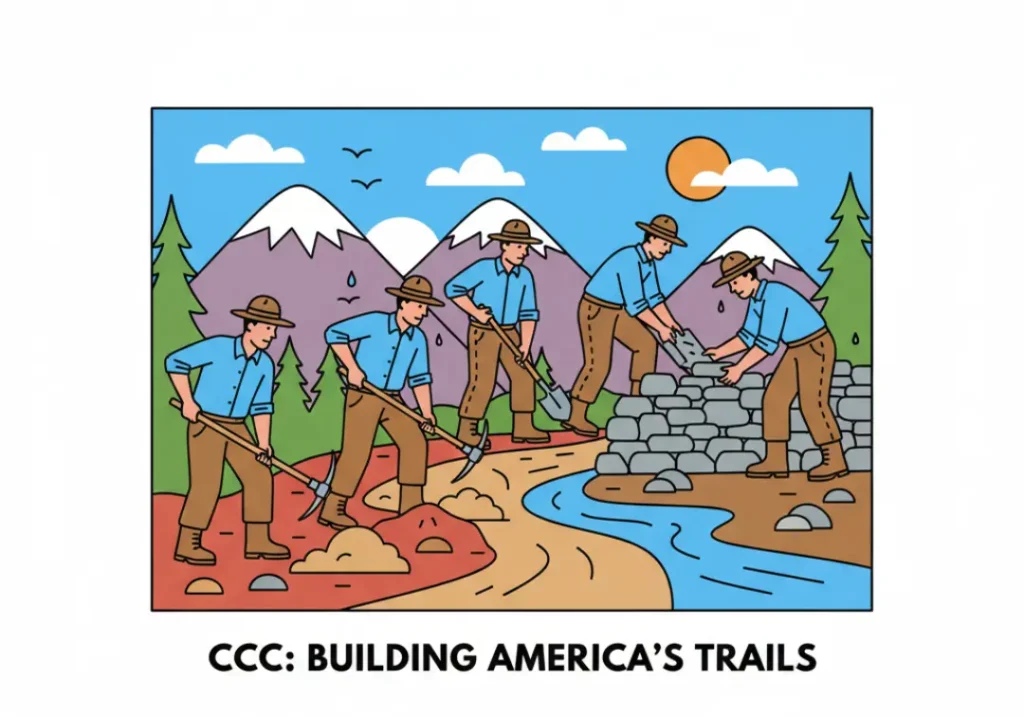 A vector illustration of a Civilian Conservation Corps crew from the 1930s building a stone retaining wall on a mountain trail, representing the New Deal's impact on American hiking.