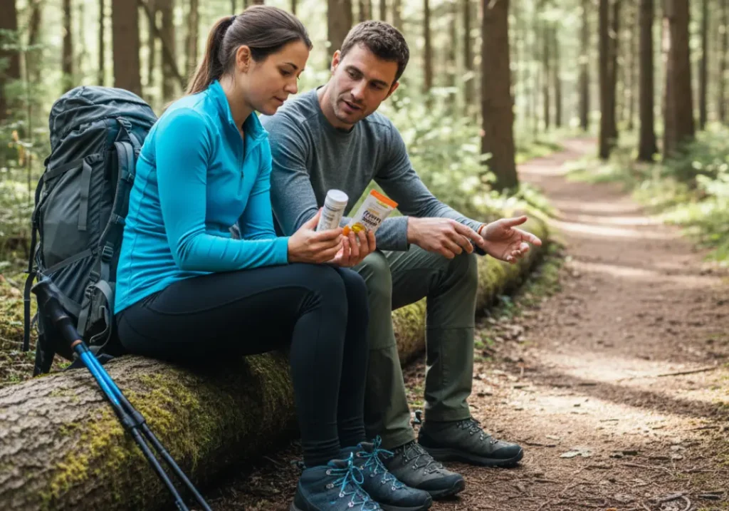 A hiking couple sits on a log examining different electrolyte supplements, choosing the right one for their hike.