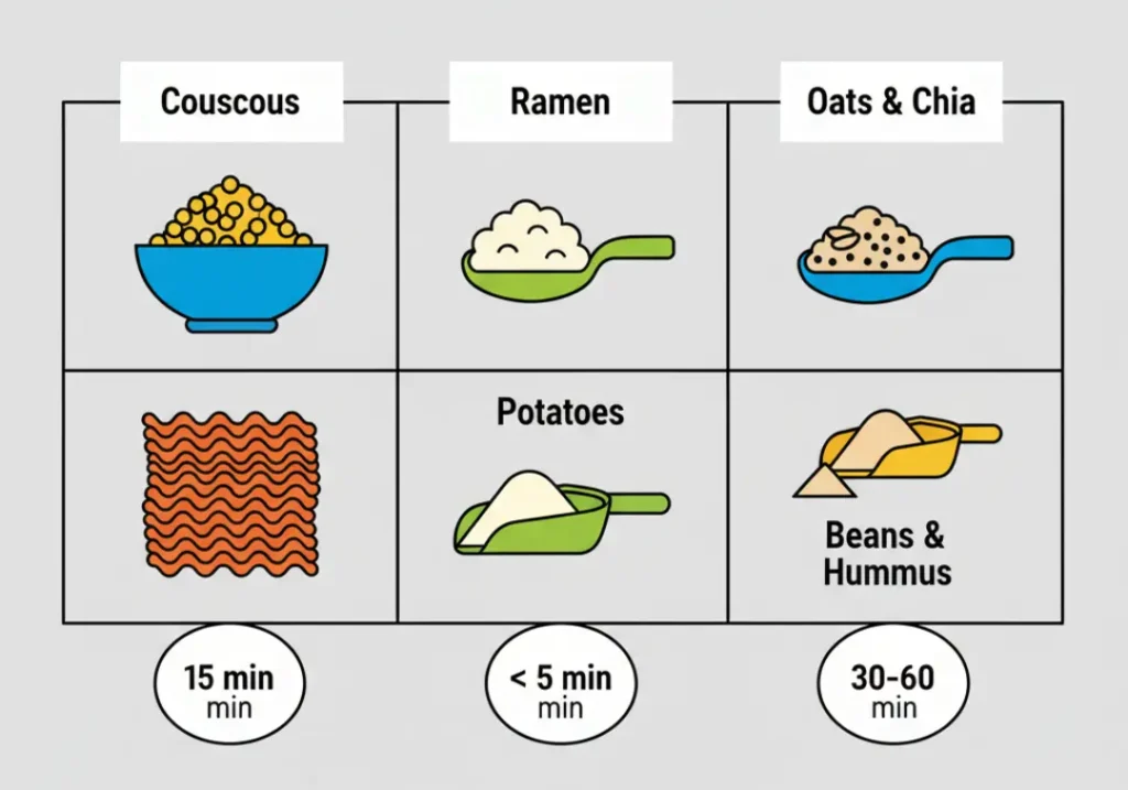 An infographic showing the best foods for cold soaking, including couscous, ramen, instant potatoes, dehydrated beans, and oats, each with a cartoon icon and its average rehydration time.