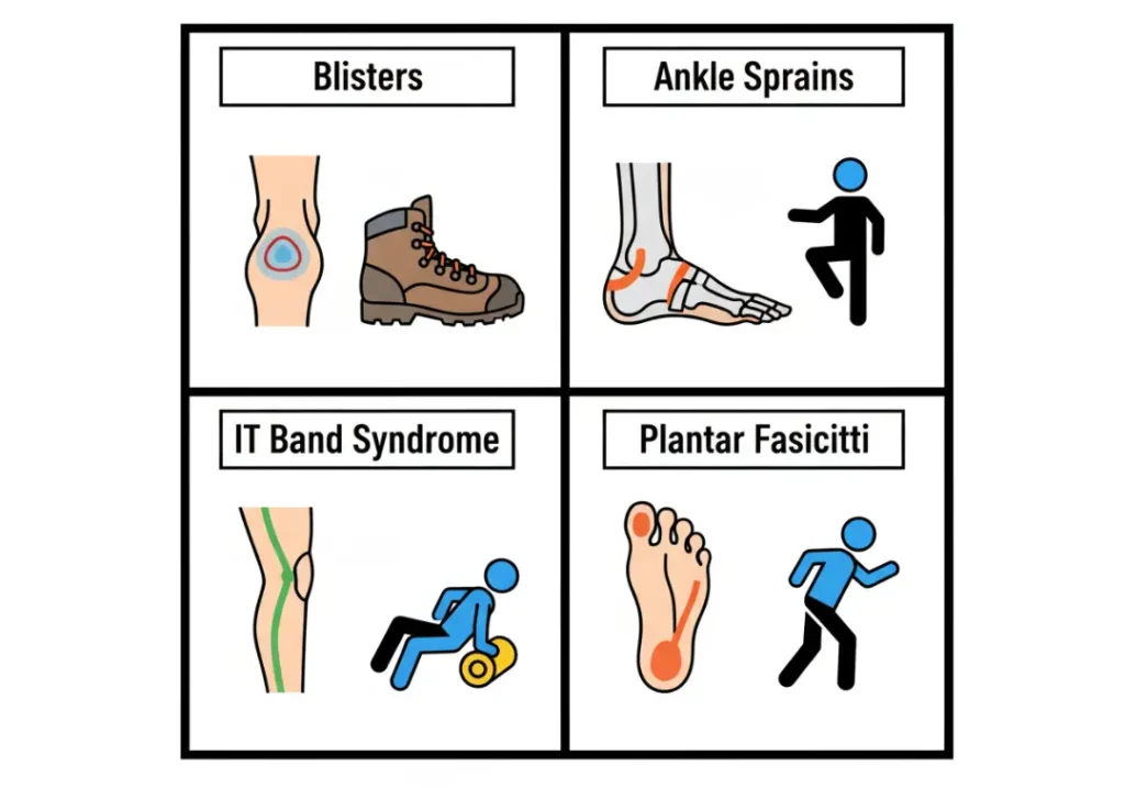 An infographic on the four most common hiking injuries: Blisters, Ankle Sprains, IT Band Syndrome, and Plantar Fasciitis. Each section shows an anatomical diagram and a prevention visual.