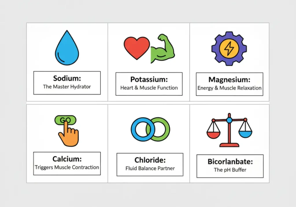 An infographic of the six core electrolytes for hikers. The grid shows icons and descriptions for Sodium (the master hydrator), Potassium (heart function), Magnesium (energy), Calcium (muscle contraction), Chloride (fluid balance partner), and Bicarbonate (pH buffer).