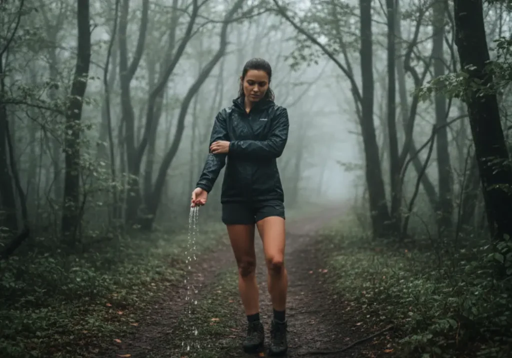 A full-body shot of a young woman in hiking gear, pausing on a misty forest trail to examine water beading on her waterproof jacket.