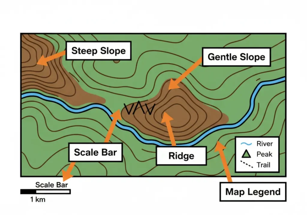 A diagram explaining how to read a topographic map. It shows a map section with callouts identifying a steep slope (close contour lines), a gentle slope (far-apart lines), a ridge, a valley with a river, the scale bar, and the map legend.