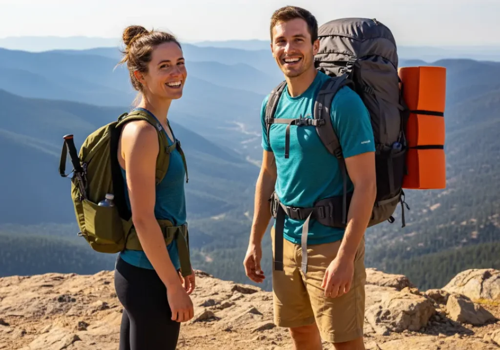 An ultralight female hiker and a comfort-focused male backpacker stand on a trail, showcasing different gear choices for their hiking styles.
