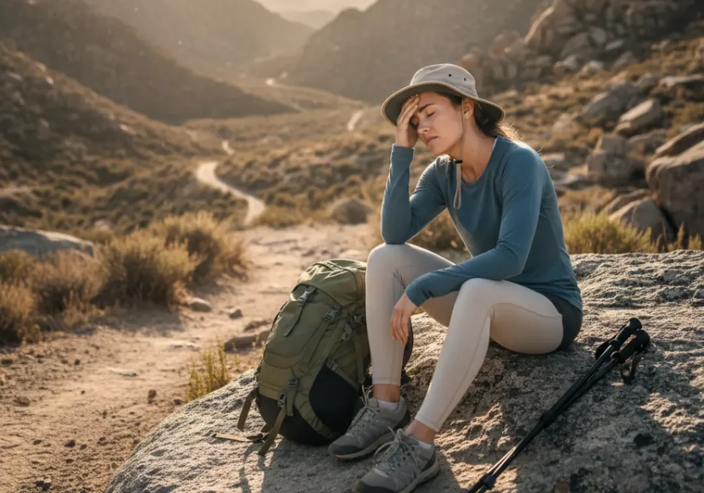 A female hiker sits on a trailside rock looking unwell, touching her head to show the safety risks of electrolyte imbalance.