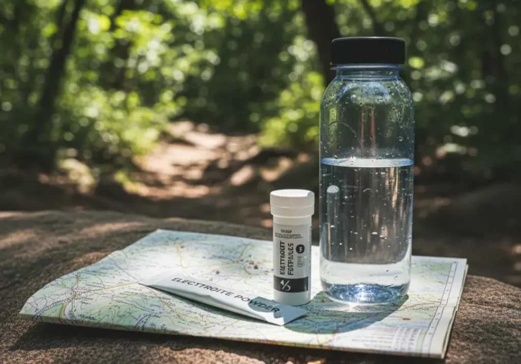 A close-up of electrolyte powder and tablets next to a water bottle on a topographical map, illustrating a hiker's energy planning.