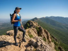 Electrolytes for Hiking: A Performance & Safety Analysis A fit woman in modern hiking gear stands on a sunny mountain ridge, looking energized as she holds a water bottle.