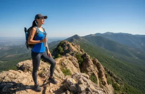 Electrolytes for Hiking: A Performance & Safety Analysis A fit woman in modern hiking gear stands on a sunny mountain ridge, looking energized as she holds a water bottle.