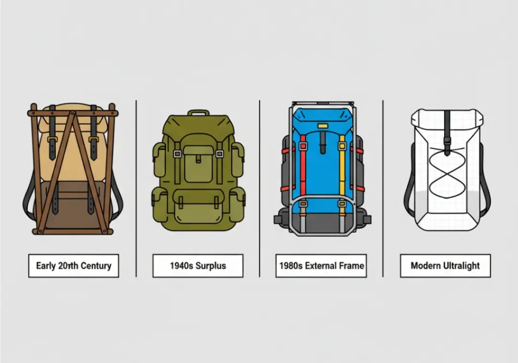 An infographic showing the evolution of hiking backpacks in four stages: an early 20th-century wood and canvas pack, a 1940s military surplus pack, a 1980s external frame pack, and a modern ultralight pack.