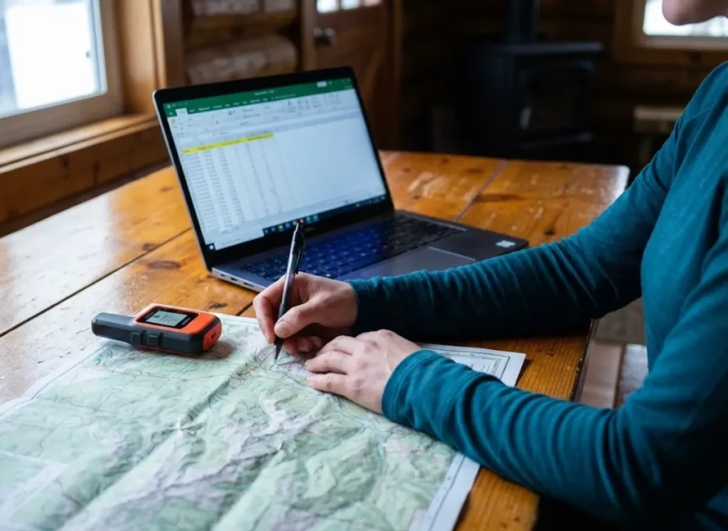 Close-up of a hiker's clean hands planning a route on a topographic map next to a Garmin inReach and laptop, wearing a merino wool base layer, illuminated by soft window light.