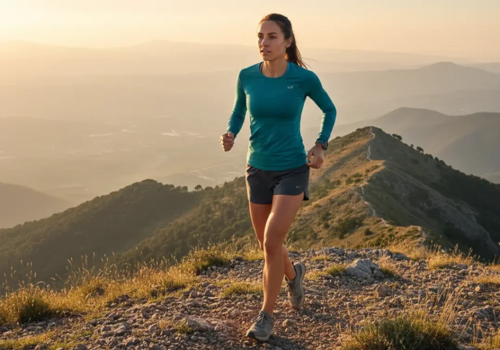 A confident female hiker striding along a scenic mountain ridge at golden hour, showcasing mastery over her hiking preparation.
