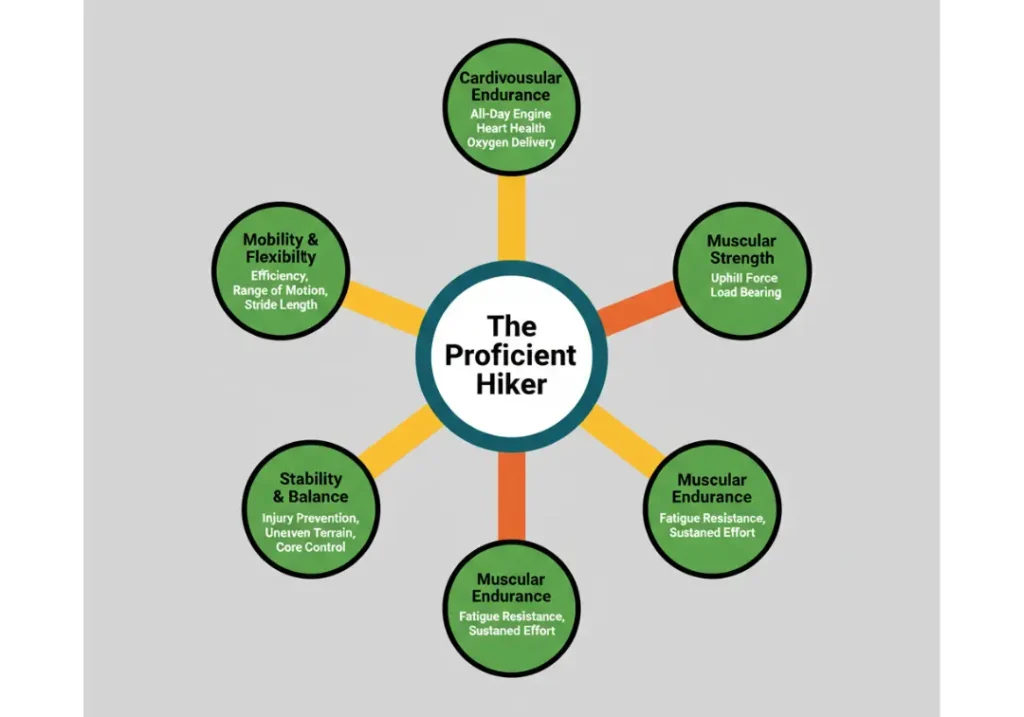 A diagram of the Five Pillars of Hiking Fitness. A central circle labeled 'The Proficient Hiker' is connected to five satellite circles: Cardiovascular Endurance, Muscular Strength, Muscular Endurance, Stability & Balance, and Mobility & Flexibility, each with descriptive keywords.