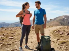 Framed or Frameless? A Hiker’s Backpack Decision Matrix A fit couple in their late 20s on a mountain trail, comparing a minimalist frameless backpack with a larger framed backpack.