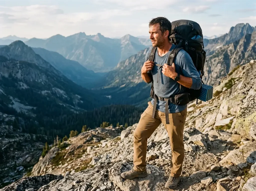 Backpacker carrying a loaded framed backpacking pack up an alpine pass at golden hour