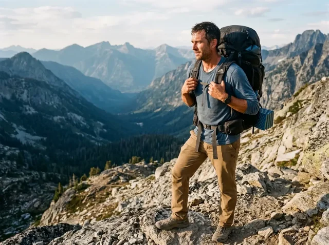 framed-vs-frameless-backpack-hero Backpacker carrying a loaded framed backpacking pack up an alpine pass at golden hour