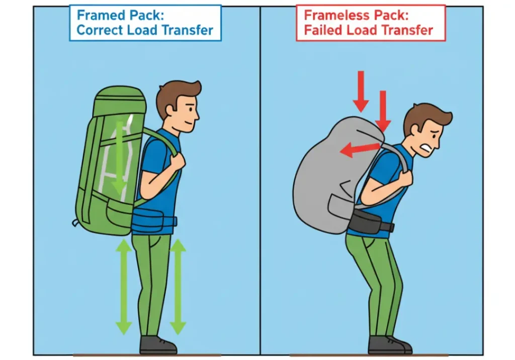 An infographic comparing framed and frameless backpacks. The framed pack side shows arrows indicating correct load transfer down the frame to the hips. The frameless pack side shows red arrows indicating failed load transfer, with the weight hanging from the shoulders.