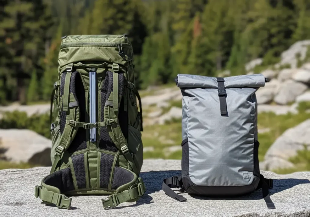 A framed backpack and a frameless backpack are displayed side-by-side on a rock, showing their design and feature differences.